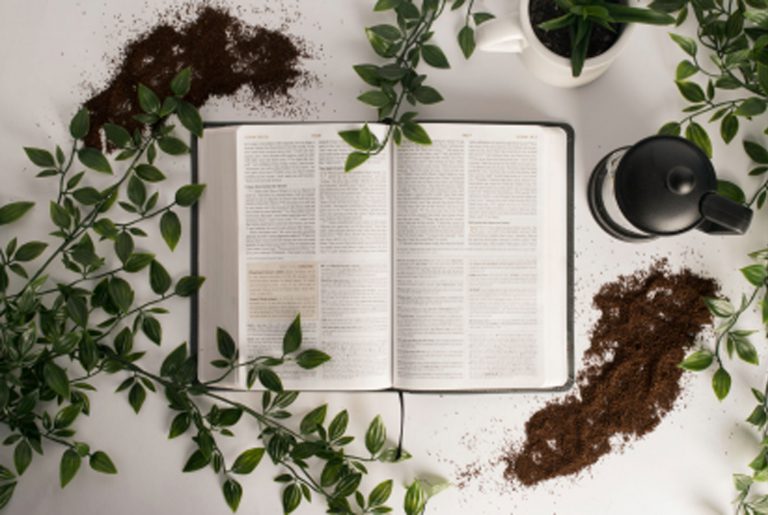 A bible opened flat on a table